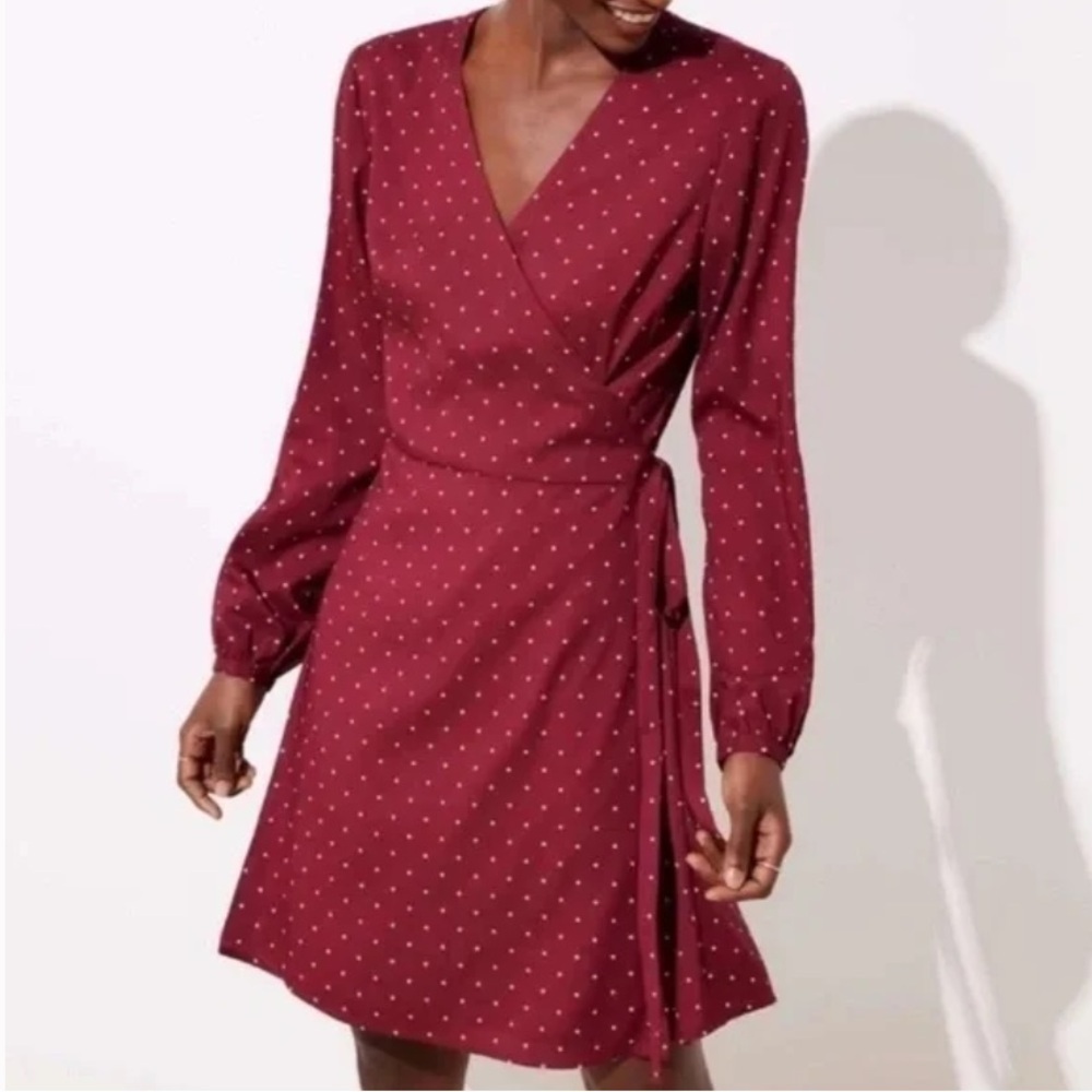 LOFT Petites Women 00P Burgundy Star Print Long Sleeve V-Neck Wrap Dress